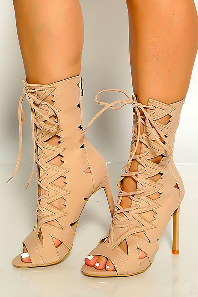 Nude Peep Toe Lace Up Cut Out Detail Single Sole High Heels - AMIClubwear