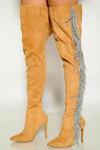 Nude Pointy Rhinestone Fringe High Heel Thigh Boot - AMIClubwear
