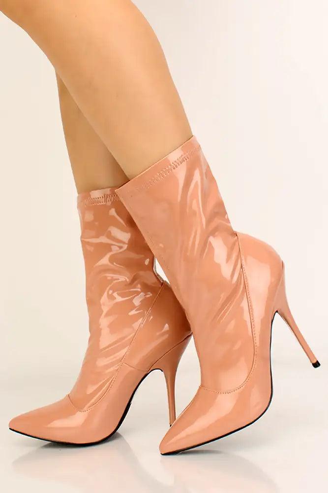 Nude Pointy Toe Faux Leather Booties - AMIClubwear