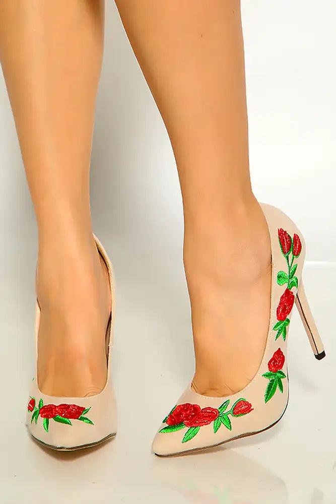 Nude Pointy Toe Floral Embroidered High Heel Pumps - AMIClubwear