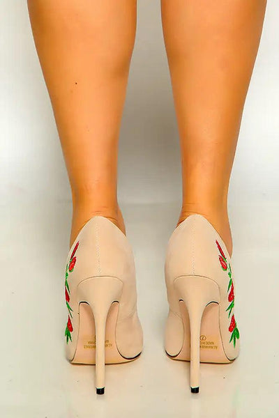 Nude Pointy Toe Floral Embroidered High Heel Pumps - AMIClubwear