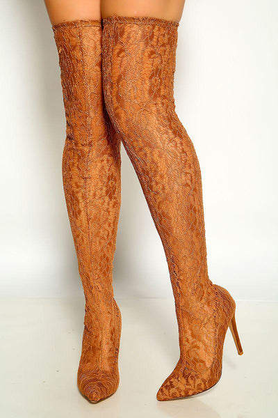 Nude Pointy Toe Floral Lace Embroidered Thigh High Heel Boots - AMIClubwear