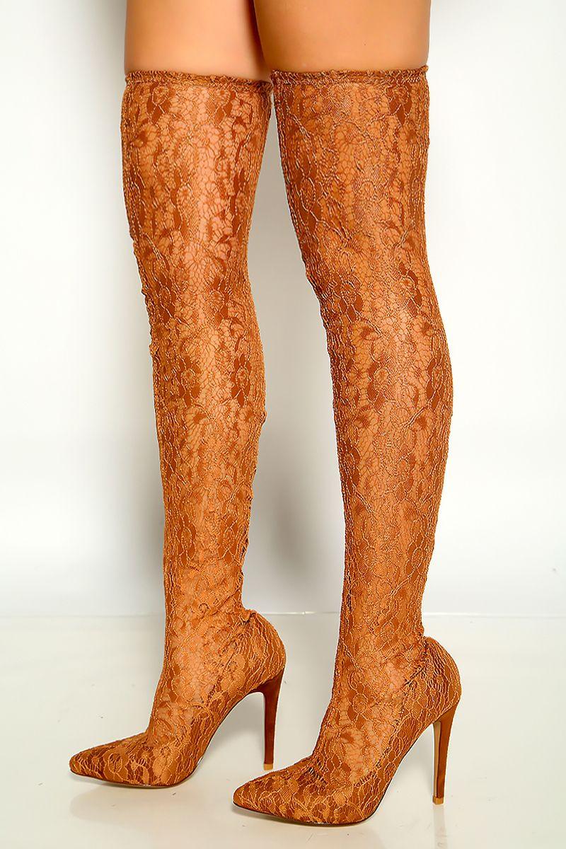 Nude Pointy Toe Floral Lace Embroidered Thigh High Heel Boots - AMIClubwear