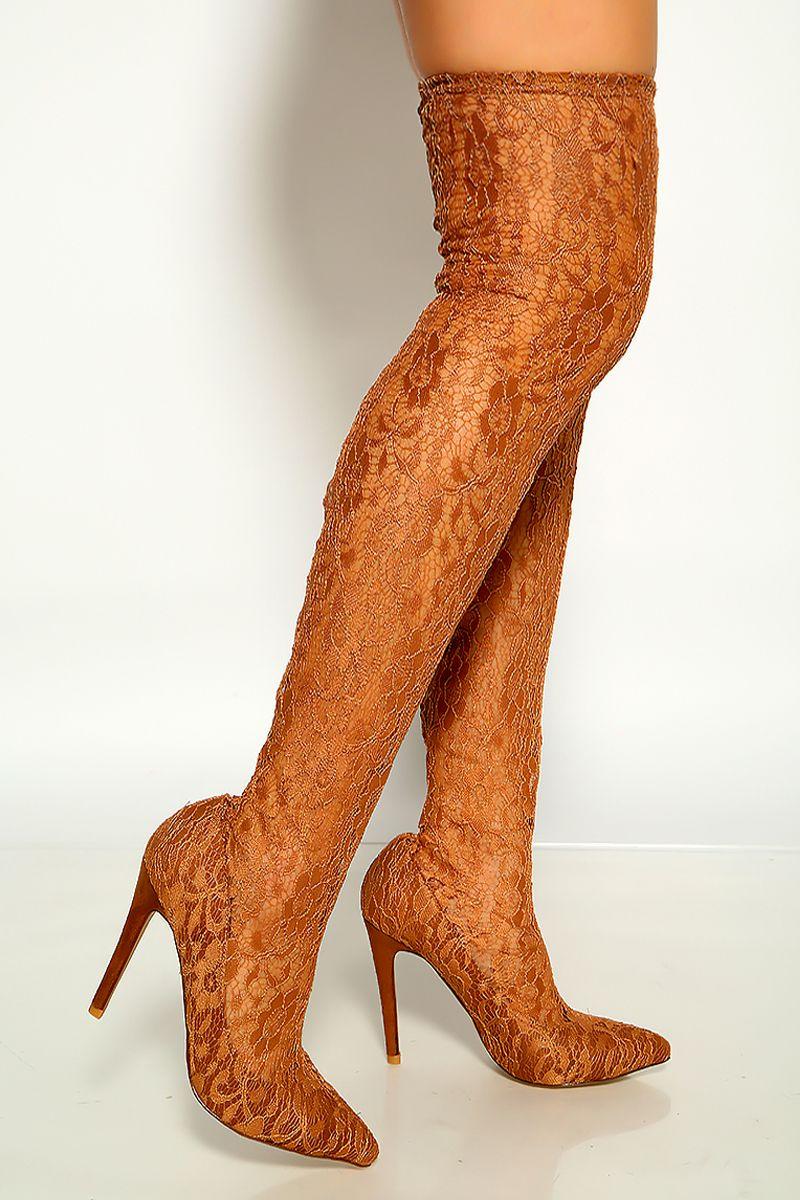 Nude Pointy Toe Floral Lace Embroidered Thigh High Heel Boots - AMIClubwear
