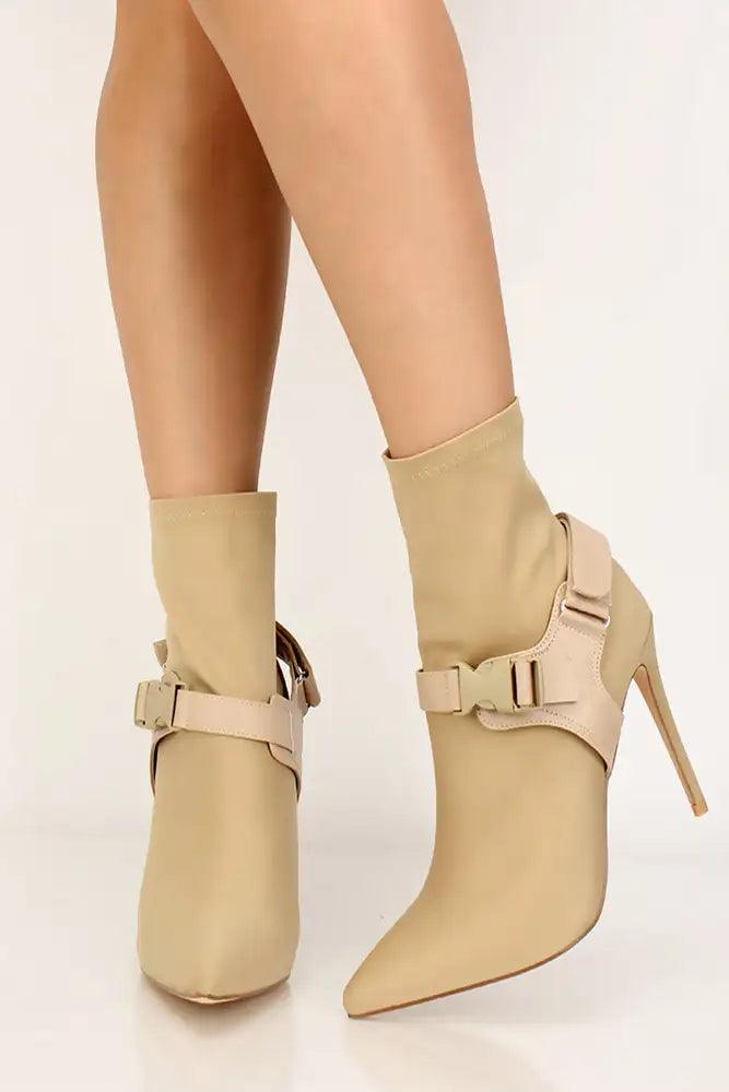 Nude Pointy Toe Lycra Booties - AMIClubwear