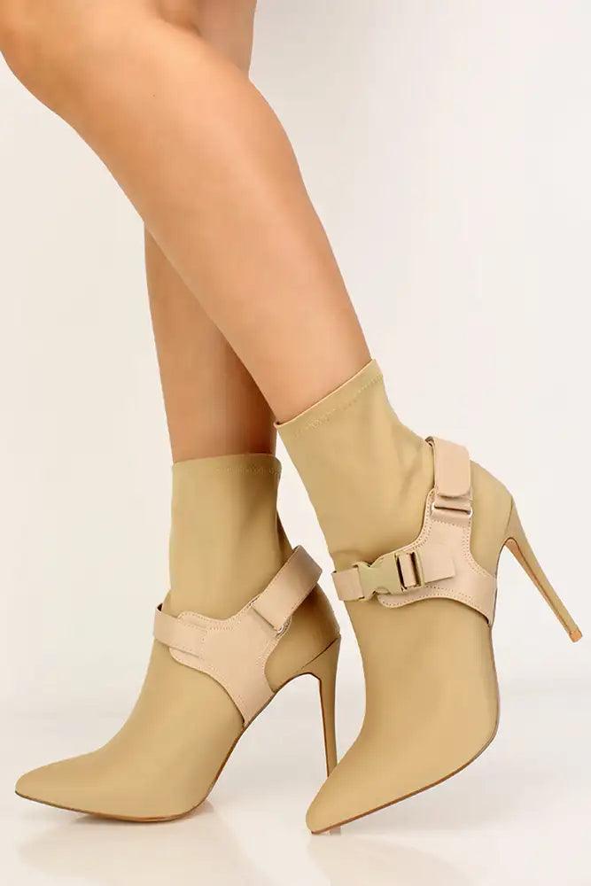 Nude Pointy Toe Lycra Booties - AMIClubwear