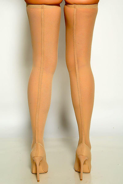 Nude Pointy Toe Mesh Sexy Single Sole Thigh High Heel Boots - AMIClubwear