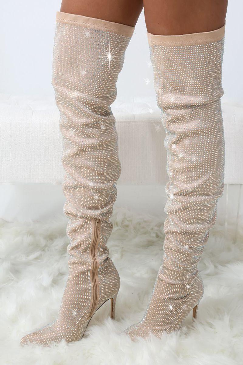 Nude Pointy Toe Rhinestone Studded High Heel Thigh High Boots - AMIClubwear