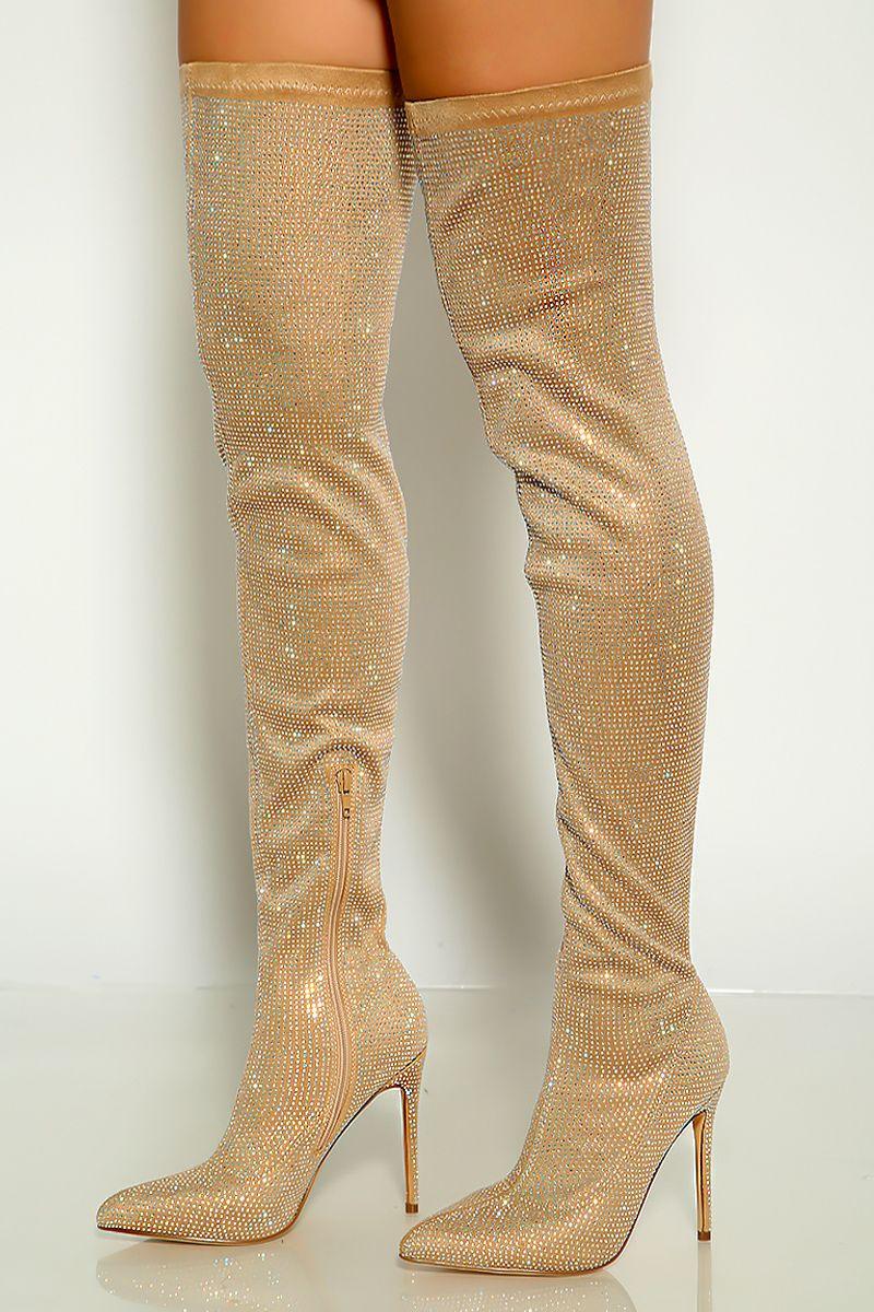 Nude Pointy Toe Rhinestone Studded High Heel Thigh High Boots - AMIClubwear