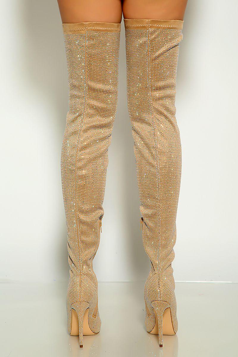 Nude Pointy Toe Rhinestone Studded High Heel Thigh High Boots - AMIClubwear