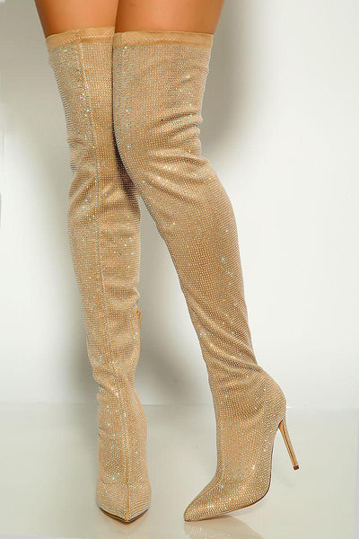 Nude Pointy Toe Rhinestone Studded High Heel Thigh High Boots - AMIClubwear