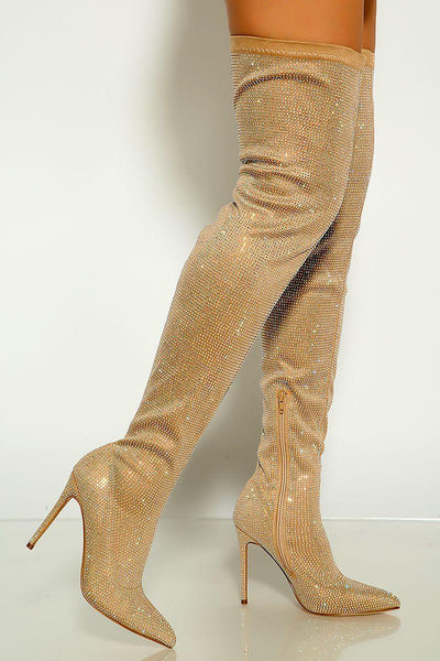 Nude Pointy Toe Rhinestone Studded High Heel Thigh High Boots - AMIClubwear