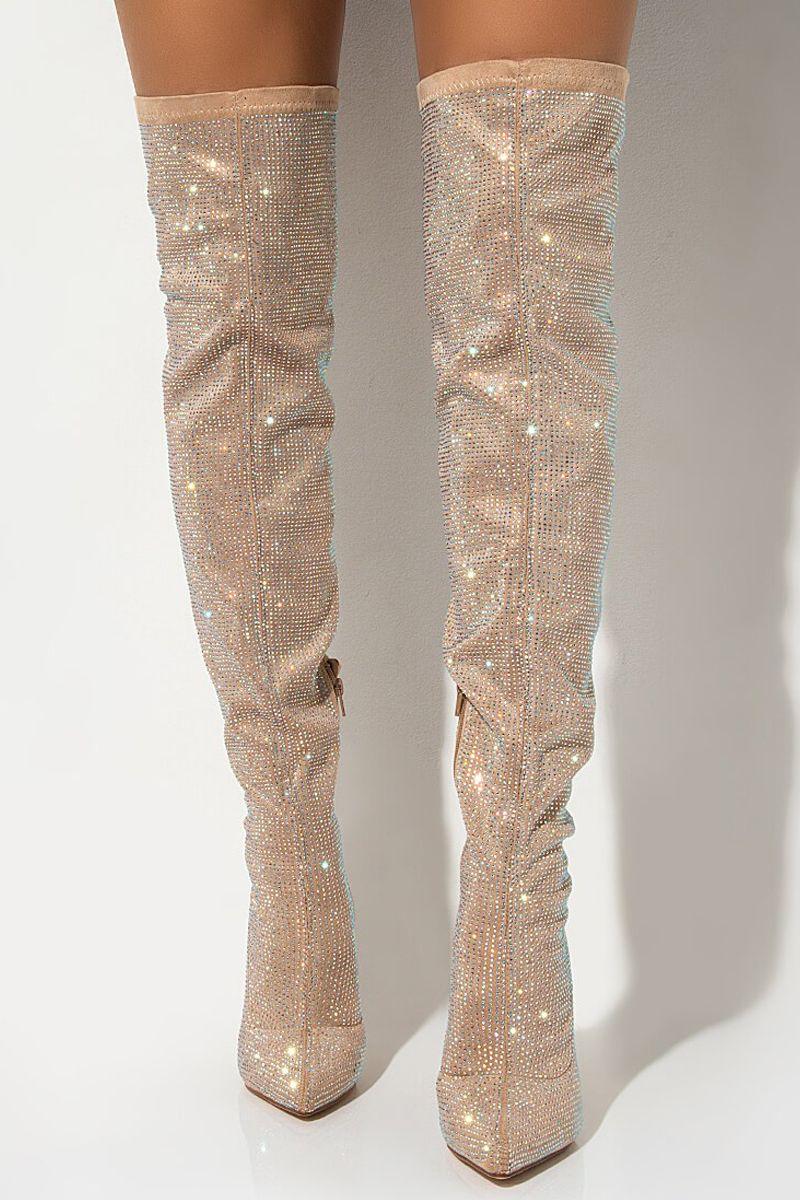 Nude Pointy Toe Rhinestone Studded High Heel Thigh High Boots - AMIClubwear