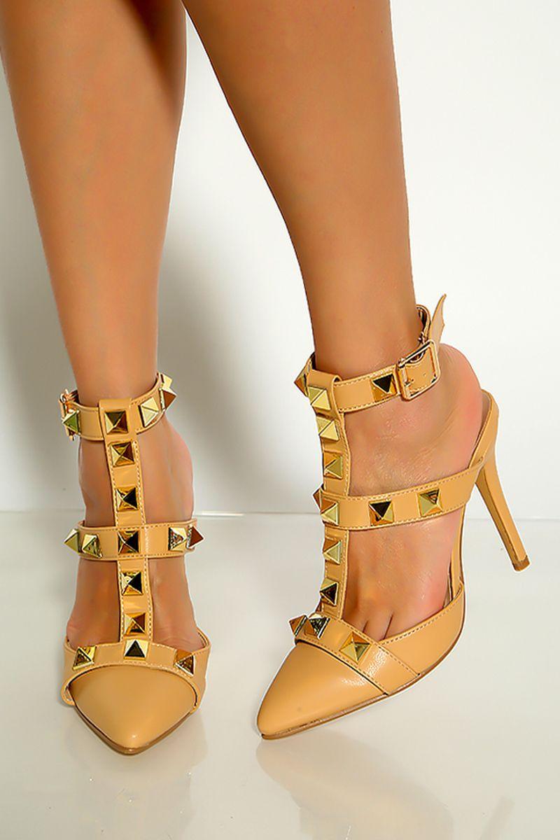Nude Pointy Toe Studded T-Strap High Heels - AMIClubwear