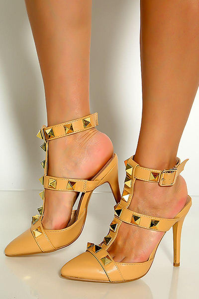 Nude Pointy Toe Studded T-Strap High Heels - AMIClubwear