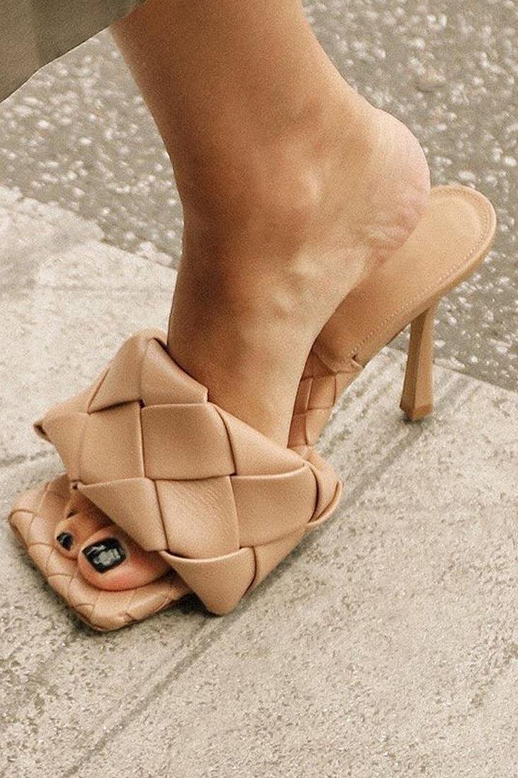 Nude Quilted Open Toe Slip On High Heels - AMIClubwear