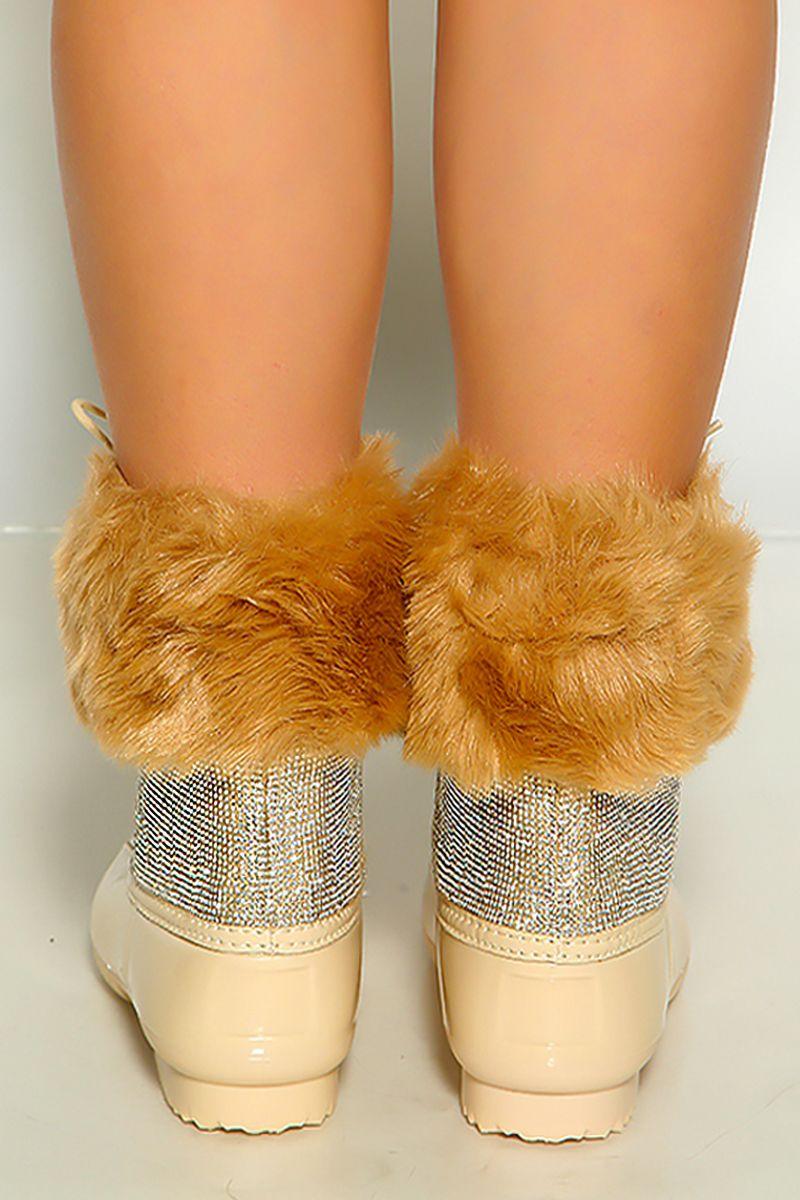 Nude Rhinestone Faux Fur Rubber Boots - AMIClubwear