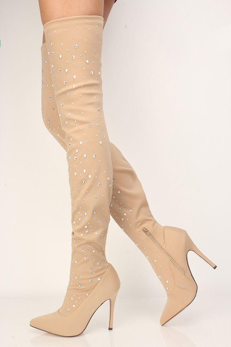 Nude Rhinestone High Heels Thigh High Boots