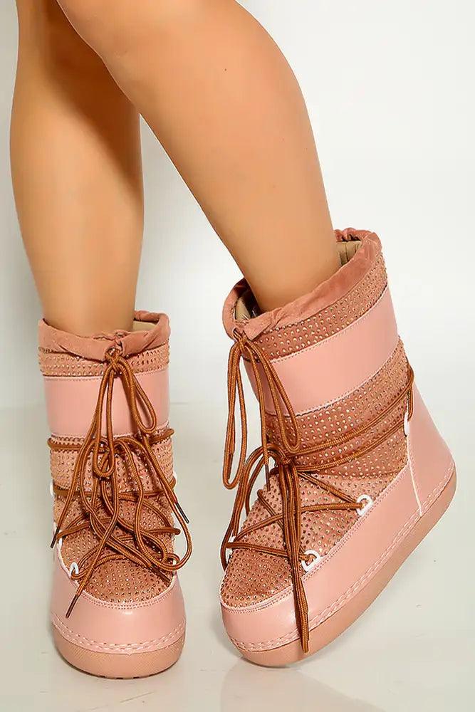 Nude Rhinestone Lace Up Warm Moon Boot - AMIClubwear