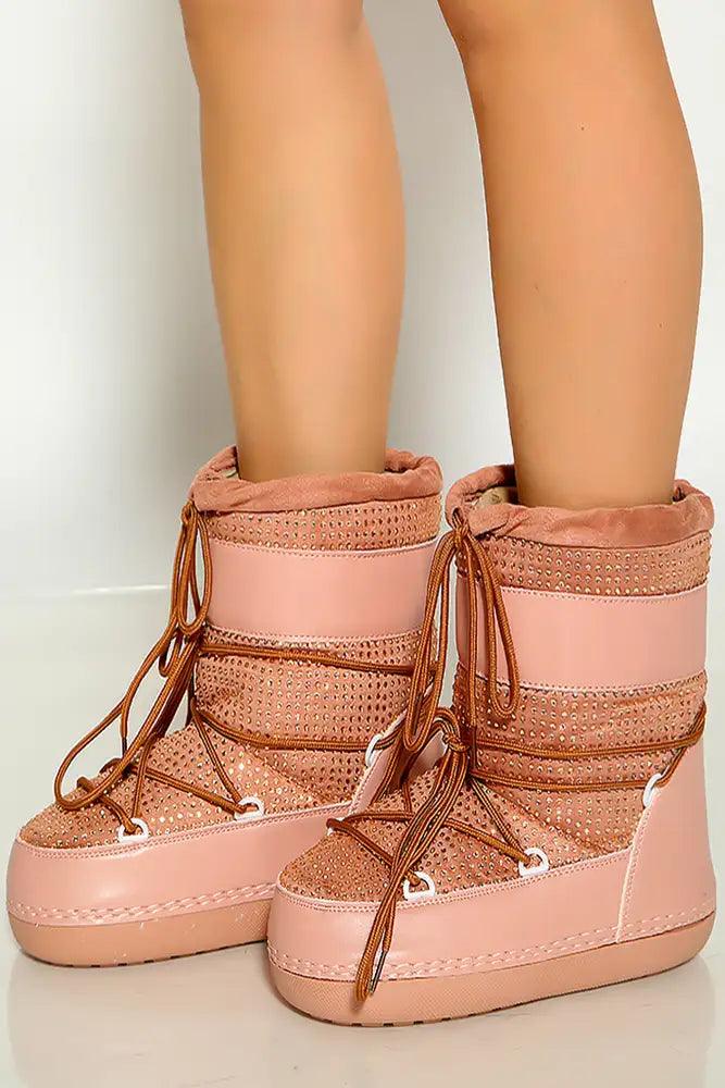 Nude Rhinestone Lace Up Warm Moon Boot - AMIClubwear