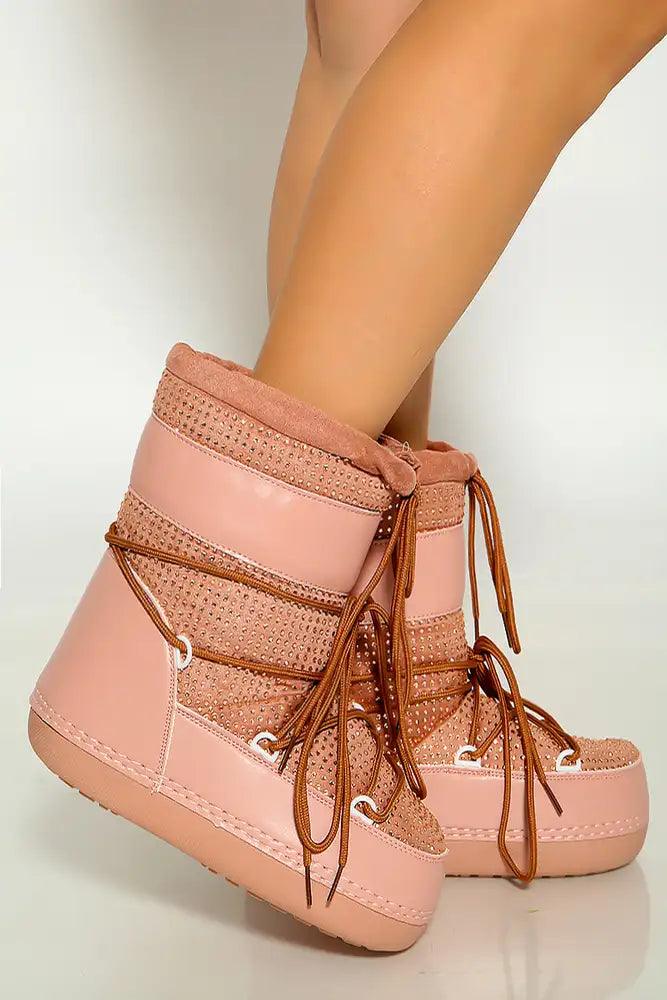 Nude Rhinestone Lace Up Warm Moon Boot - AMIClubwear