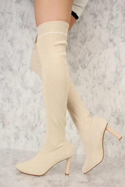 Nude Round Pointy Toe Thigh High Chunky Heel Sock Boots - AMIClubwear