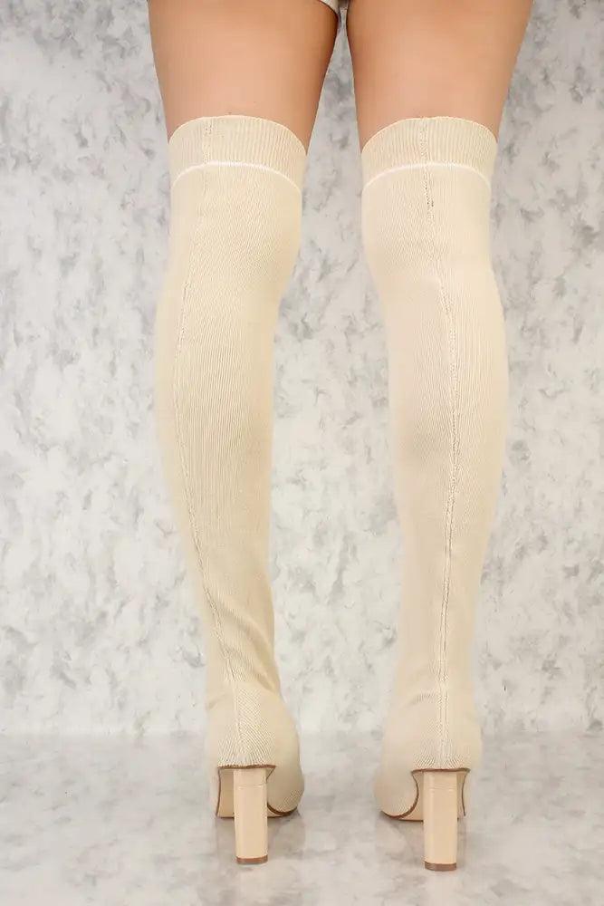 Nude Round Pointy Toe Thigh High Chunky Heel Sock Boots - AMIClubwear