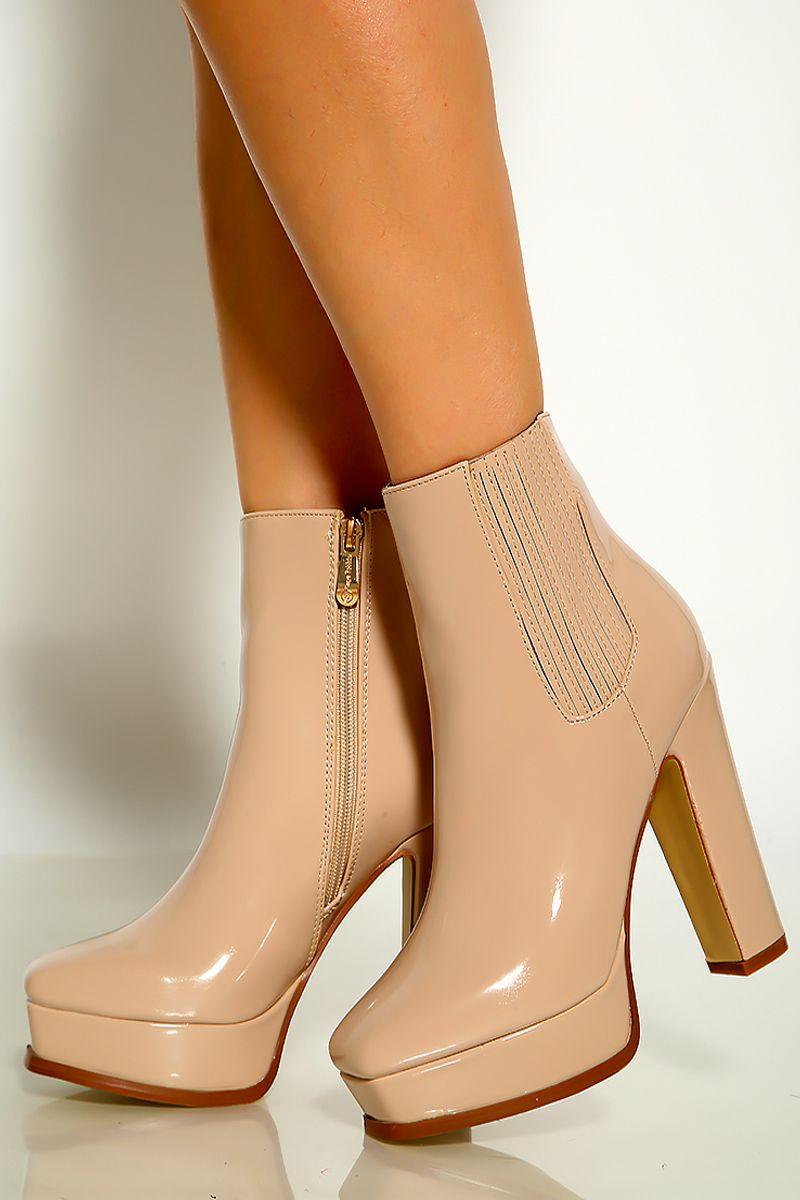 Nude Round Toe Platform Chunky High Heel Booties - AMIClubwear