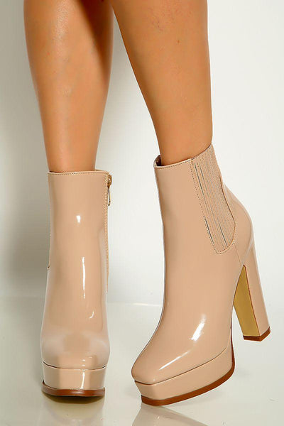 Nude Round Toe Platform Chunky High Heel Booties - AMIClubwear