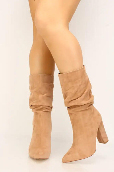 Nude Ruched Pointy Toe Chunky Heel Booties Faux Suede - AMIClubwear