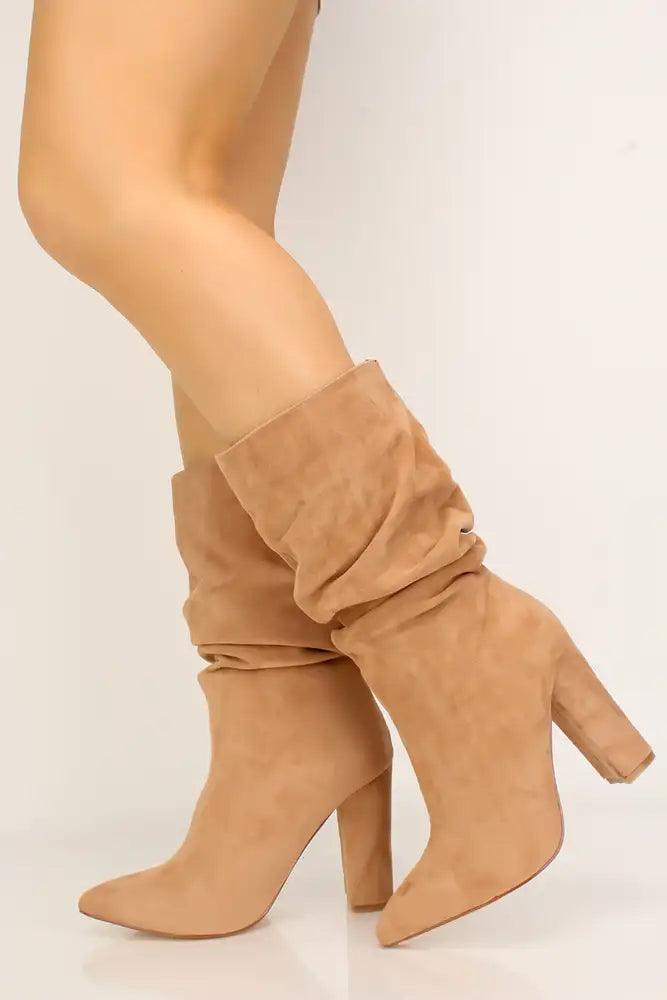 Nude Ruched Pointy Toe Chunky Heel Booties Faux Suede - AMIClubwear