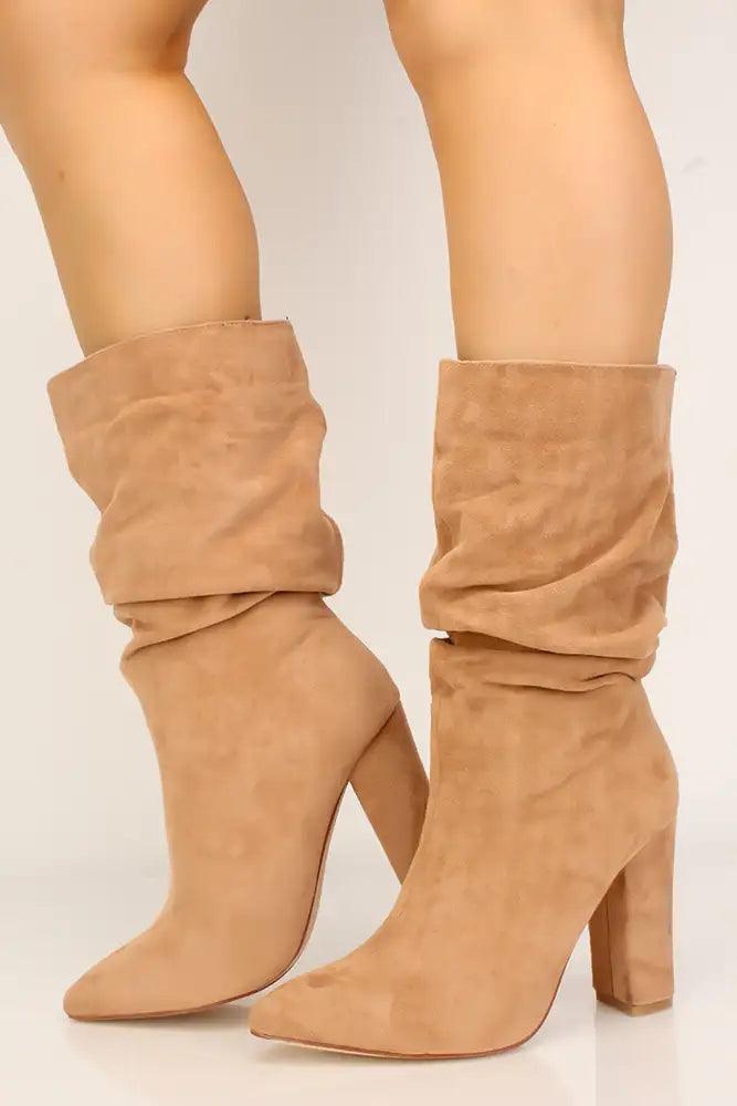 Nude Ruched Pointy Toe Chunky Heel Booties Faux Suede - AMIClubwear