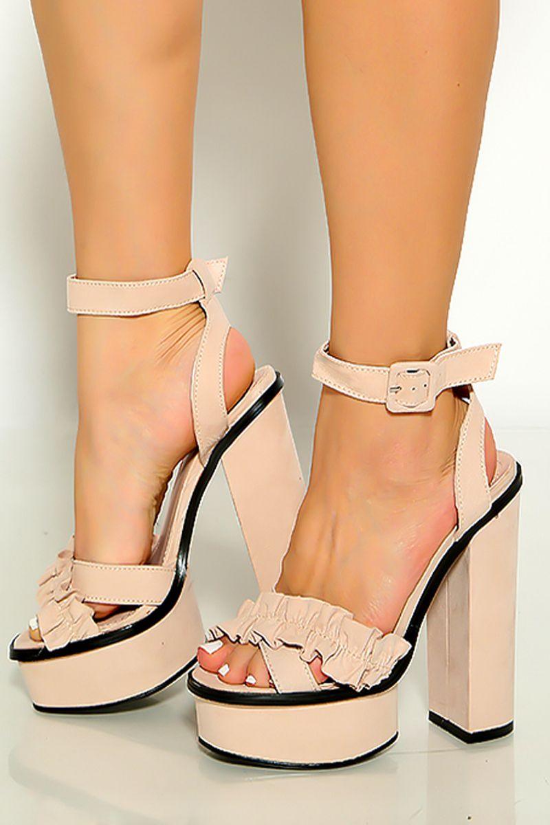 Nude Ruffled Criss Cross Open Toe Ankle Strap Platform High Heels - AMIClubwear