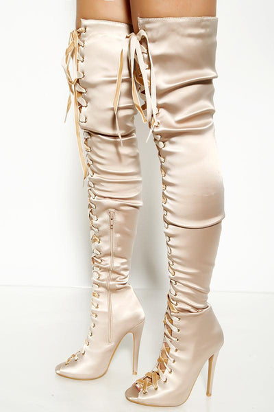Nude Satin Peep Lace Up Thigh High Stiletto Boots - AMIClubwear