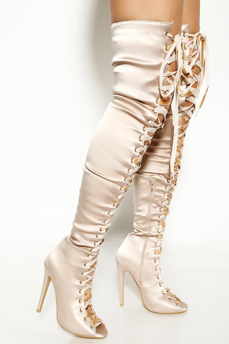 Nude Satin Peep Lace Up Thigh High Stiletto Boots - AMIClubwear