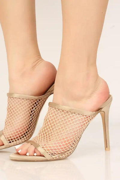 Nude Slip On Netted High Heels - AMIClubwear