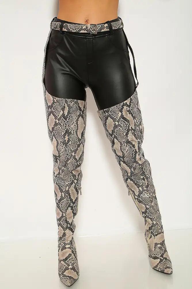 Nude Snake Print Belted Thigh High Heel Chap Boots - AMIClubwear