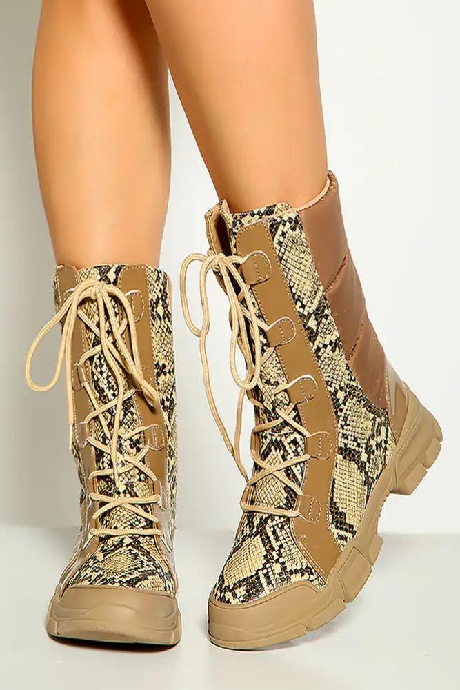 Nude Snake Print Lace Up Combat Boots - AMIClubwear