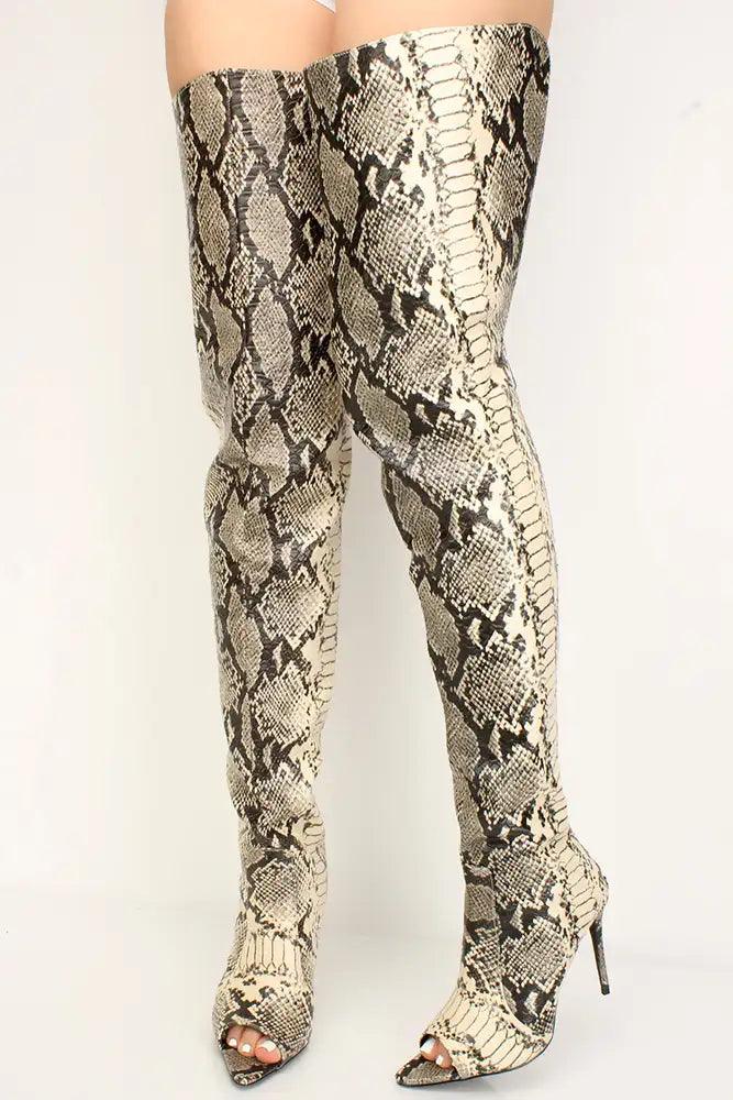 Nude Snake Print Peep Toe Thigh High Boots - AMIClubwear