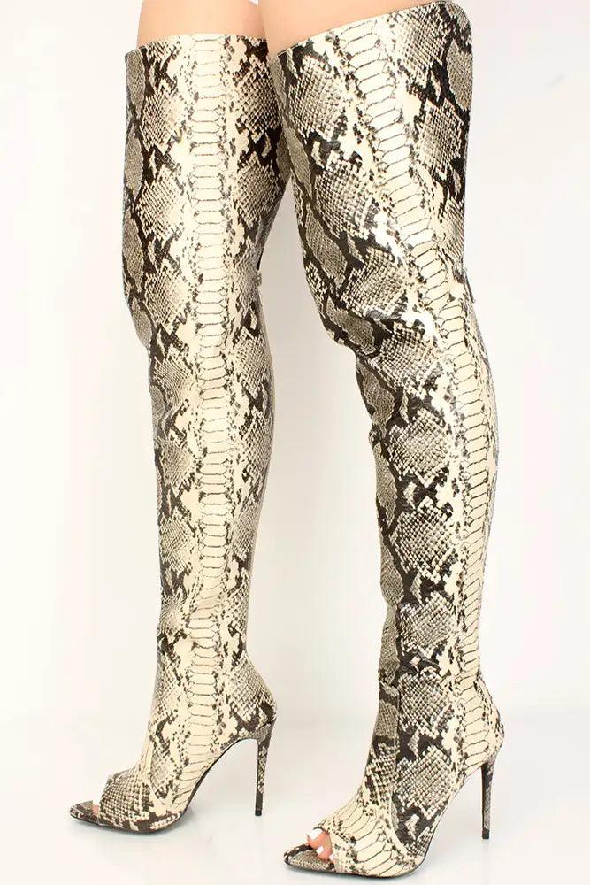 Nude Snake Print Peep Toe Thigh High Boots - AMIClubwear