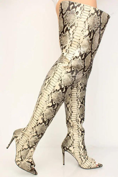 Nude Snake Print Peep Toe Thigh High Boots - AMIClubwear