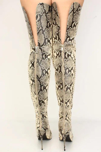 Nude Snake Print Peep Toe Thigh High Boots - AMIClubwear