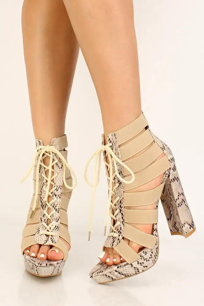 Nude Snake Print Strappy Lace Up Chunky Heels - AMIClubwear