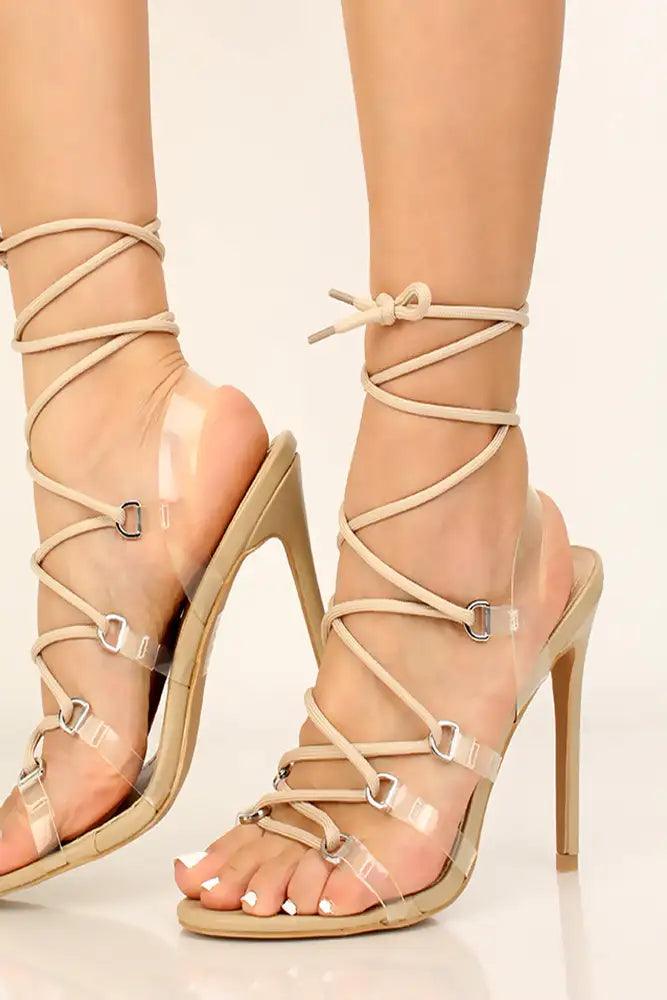 Nude Strappy Lace Up High Heels - AMIClubwear