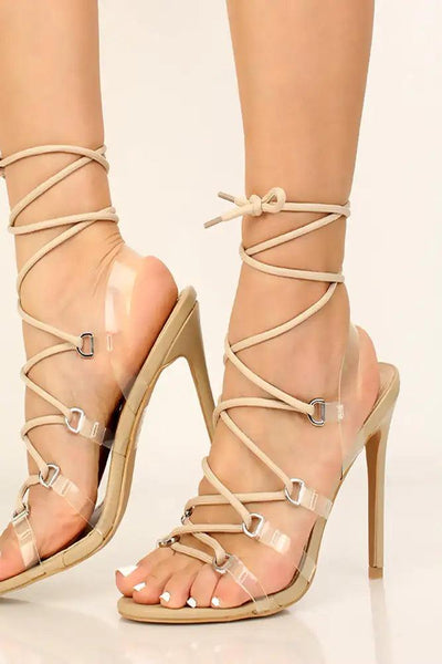 Nude Strappy Lace Up High Heels - AMIClubwear