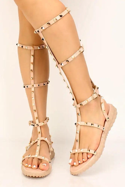 Nude Studded Strappy Gladiator Sandals - AMIClubwear