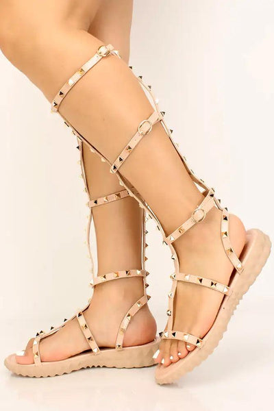 Nude Studded Strappy Gladiator Sandals - AMIClubwear