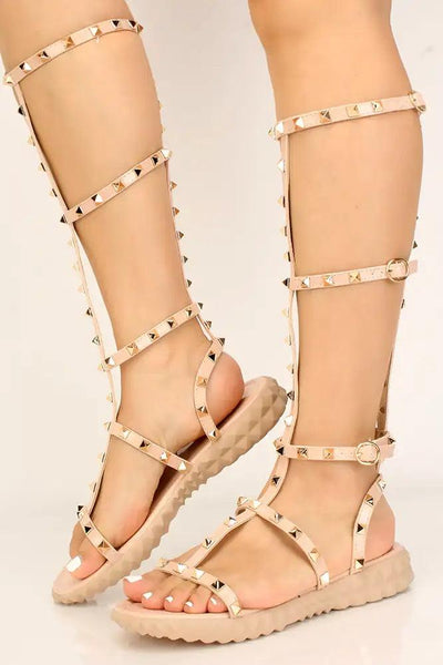 Nude Studded Strappy Gladiator Sandals - AMIClubwear