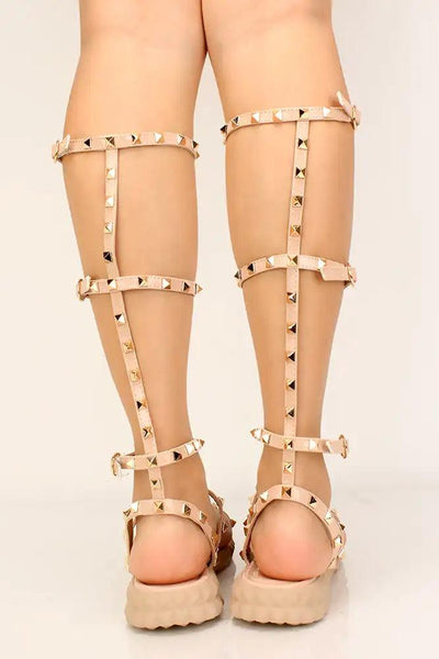 Nude Studded Strappy Gladiator Sandals - AMIClubwear