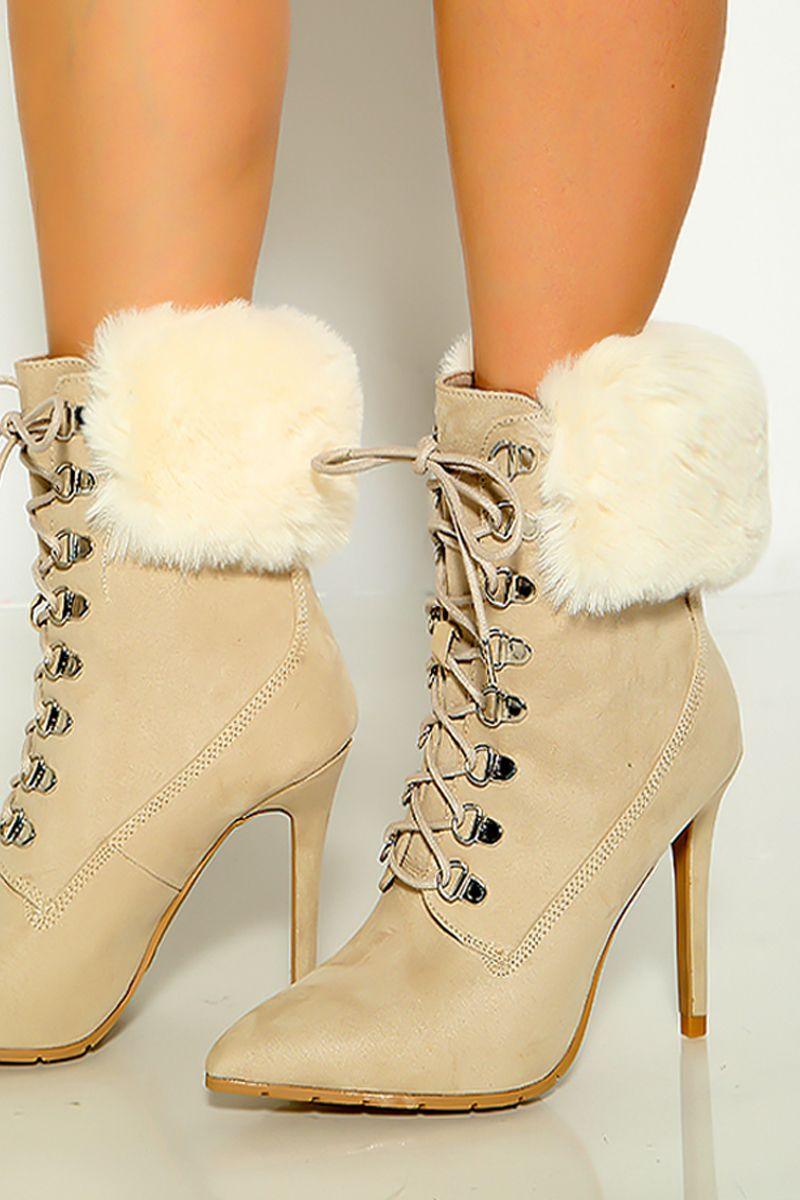 Oatmeal Colored Lace Up Faux Fur High Heel Booties - AMIClubwear